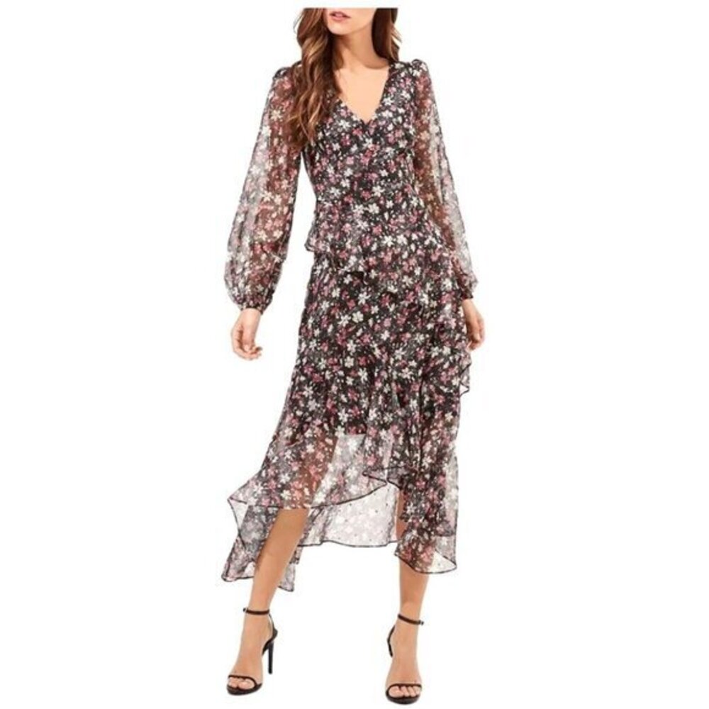 Astr The Label Floral V-Neck Midi Dress With Ruffle Detail & Semi-Sheer Sleeves